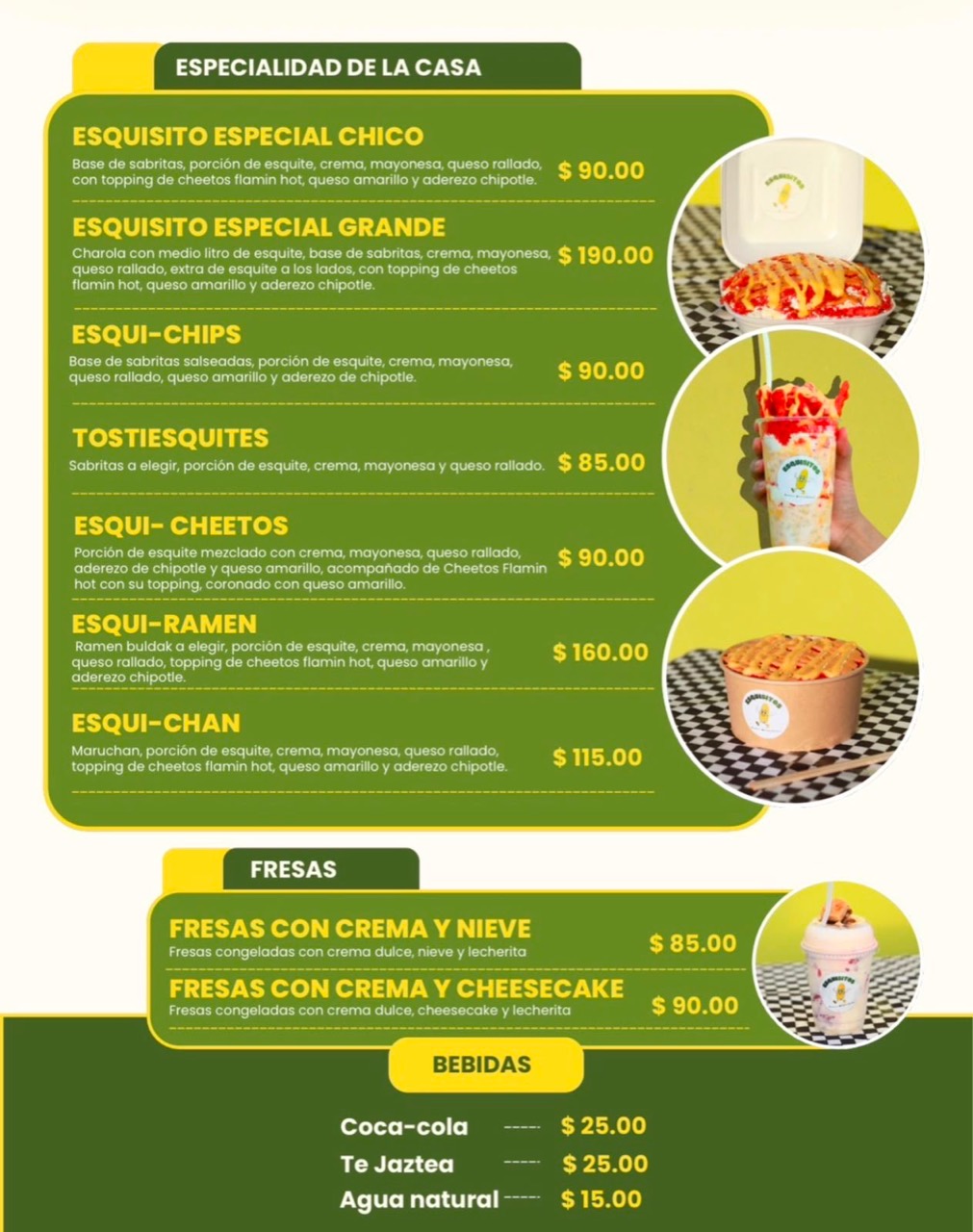 Esquisitos Menu, página 2: especialidades, fresas y bebidas.