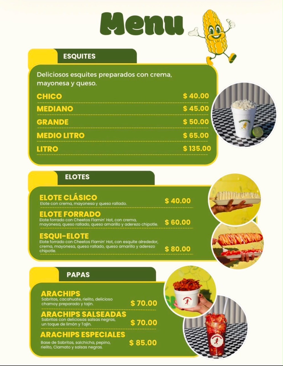Esquisitos Menu, página 1: esquites, elotes y papas.